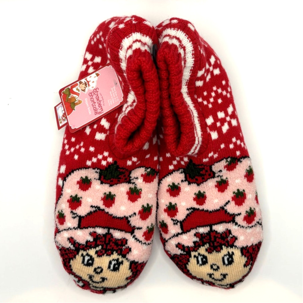 Strawberry Shortcake Slipper Socks, Faux Fur Inside, Non-Slip Bottom, Sz. 9-11